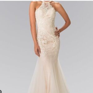 GLS Collective GL2243 Beaded Lace Tulle Long Dress Size XL Champagne Color